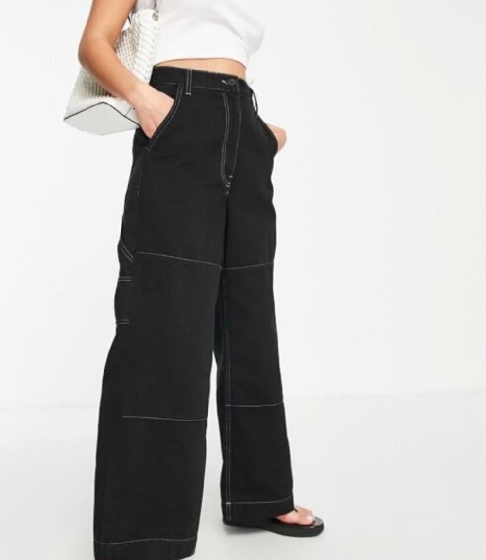 Topshop Wide Leg Utility Carpenter Pants Black Contrast Stitch High Rise punk